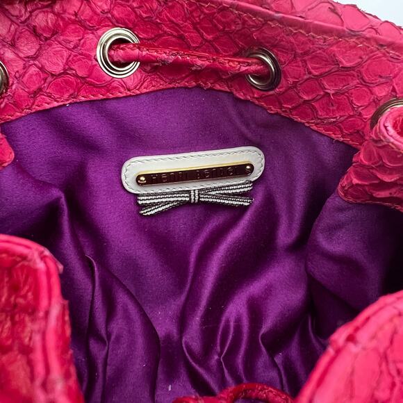 Henri Bendel Small Drawstring Bucket Crossbody Tassel Fish Leather Emboss Pink - Picture 3 of 13